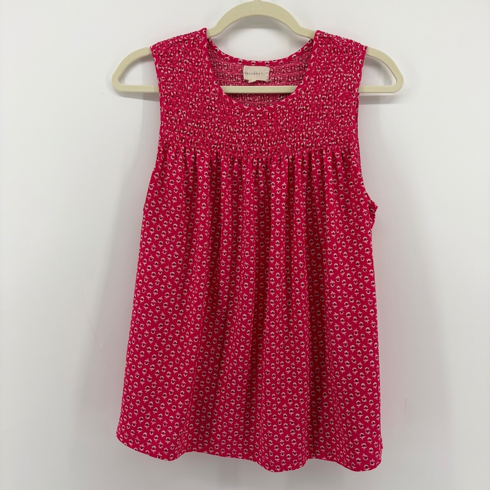 Melloday Womens Large Pink Floral Sleeveless Smocked Yoke Blouse Top